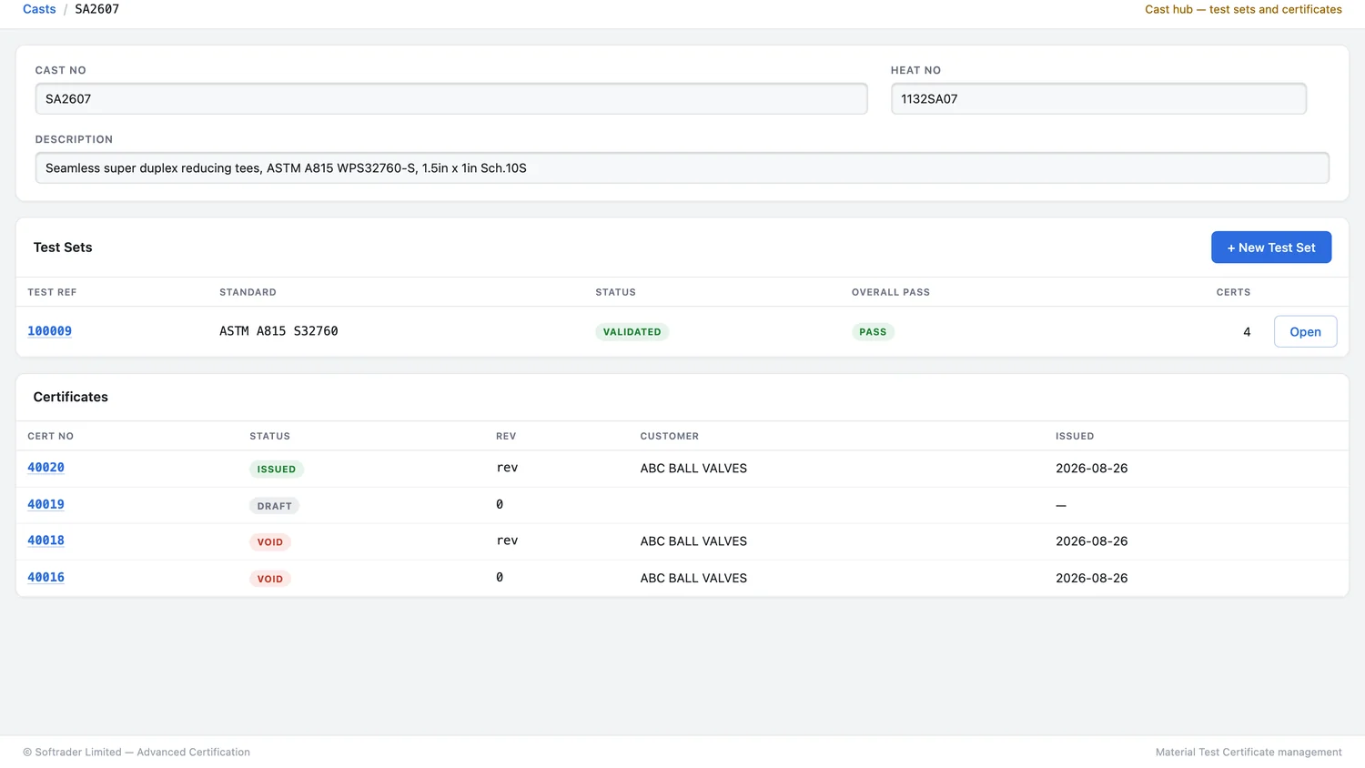 A cast record with cast and heat numbers, description, a validated test set and its issued certificates