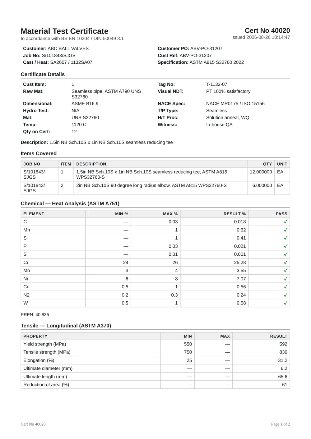 A material test certificate produced by Advanced Certification, with chemical and tensile analysis results